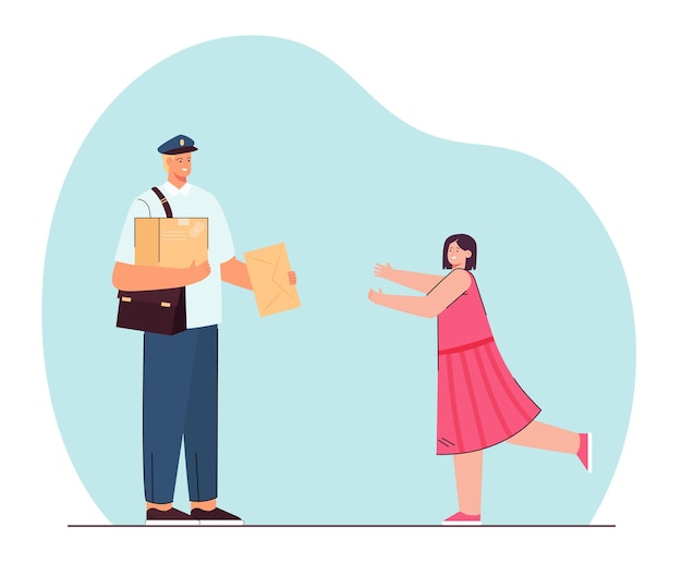 Smiling girl running to mailman holding letter and parcel in hands. Postman delivering mail flat vector illustration. Delivery service concept for banner, website design or landing web page