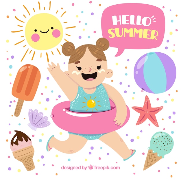 Бесплатное векторное изображение Улыбающаяся девушка с летними предметами
