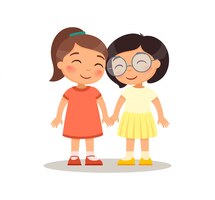 Smiling girls kids holding hands. friendship concept. children cartoon characters.