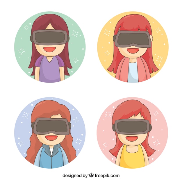 Free vector smiling girls using virtual reality glasses with round background