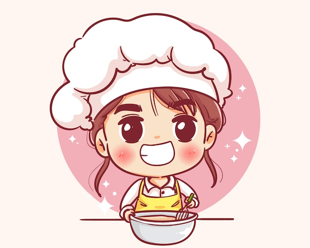 Smiling happy female pastry chef. woman chef is cooking. hand drawn illustration.