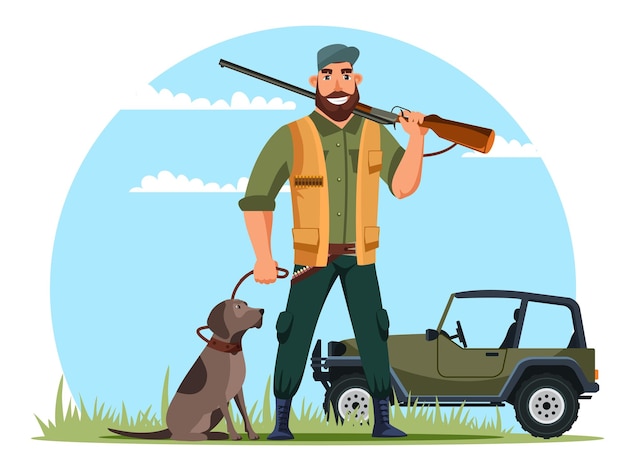 웃는 사냥꾼은 그의 개와 자동차와 함께 총을 들고 사냥 스포츠와 오픈 시즌 사파리 사냥꾼 클럽 사회 남자 취미 개념