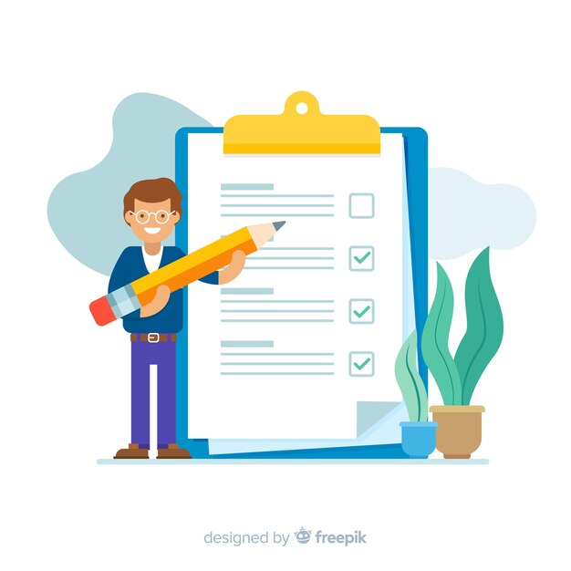 smiling man checking giant check list background