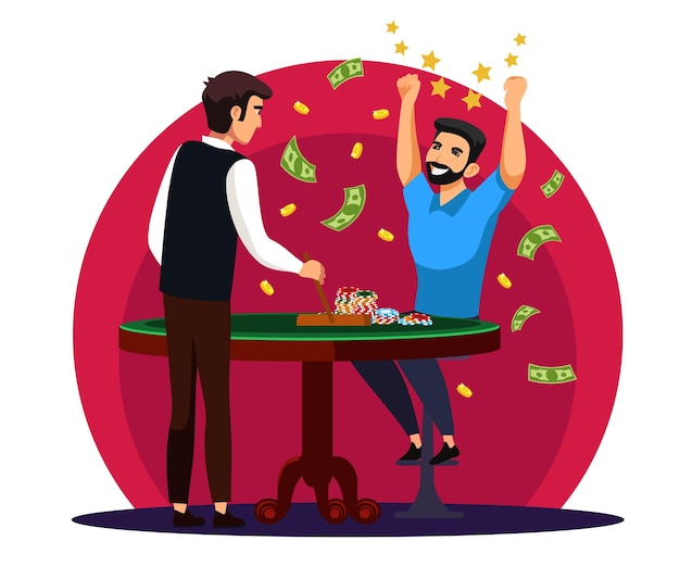 Smiling man winning money at poker table dealer moves chips to casino winner illustration of gambling game industry victory chance successful people entertainment and hobby