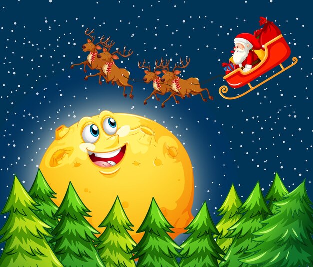 Smiling moon in the sky at night with Santa Claus on sleigh