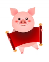 Smiling pig holding blank red banner illustration