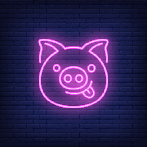 Smiling pink pig cartoon character. Neon sign element. Night bright advertisement.