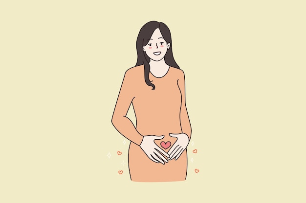 Smiling pregnant woman keep hands on belly