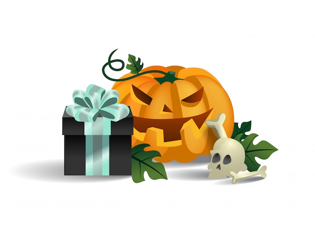 Smiling pumpkin, skull and gift box. Halloween cartoon character 