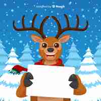 Free vector smiling reindeer holding blank sign