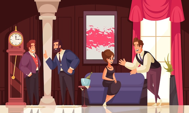 Smiling rich people coming to social event and communicating with each other colored flat illustration