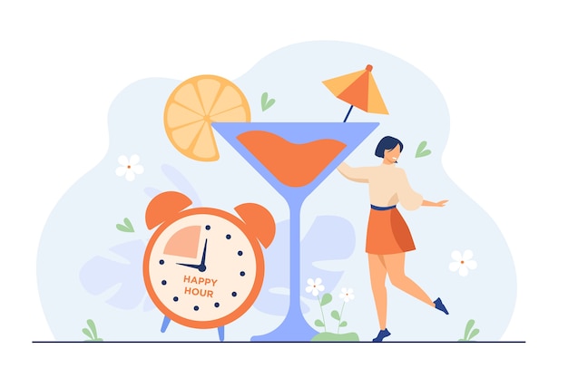 Smiling tiny woman drinking alcohol in happy hours flat illustration.