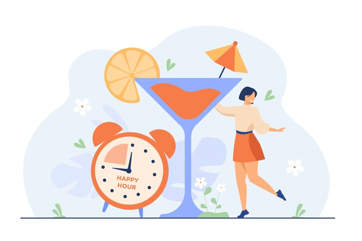 Free Vector smiling tiny woman drinking alcohol in happy hours flat illustration.
