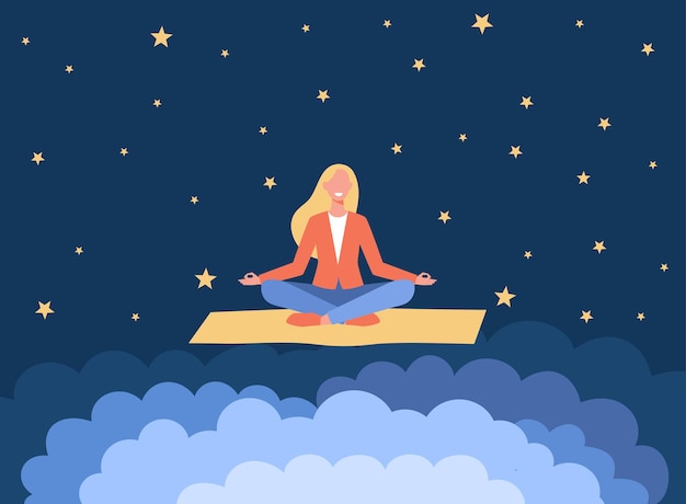 Free vector smiling woman meditating on yoga mat. cartoon illustration