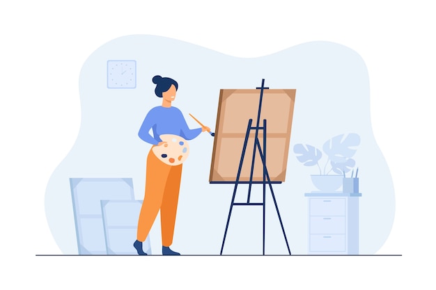 Smiling woman standing near easel and painting flat illustration.