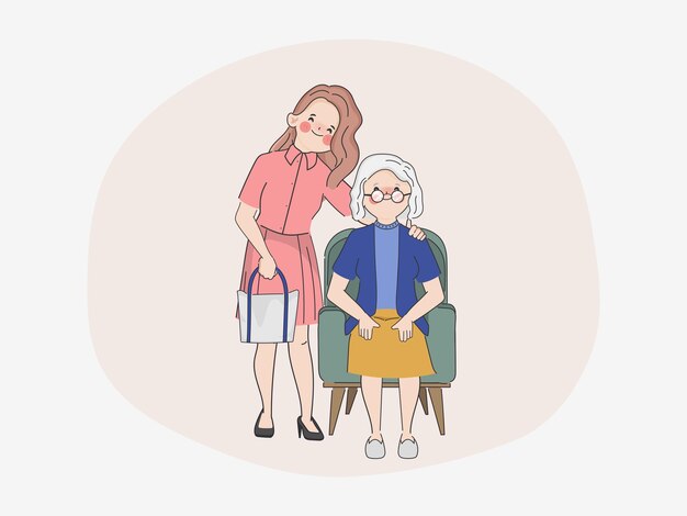 요양원에서 행복한 할머니와 웃는 여자 손으로 그린 낙서 만화 의사 캐릭터