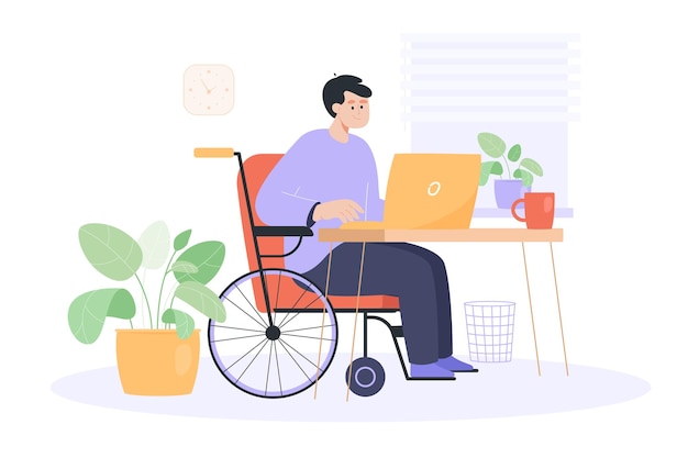 Бесплатное векторное изображение Улыбающийся работник в инвалидной коляске, работающий за компьютером на рабочем месте. человек с инвалидностью, домашний офис плоский вектор иллюстрации. доступность, удаленная работа, концепция занятости для баннера