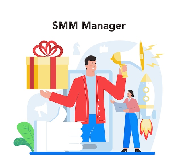 Концепция SMM Маркетинговая реклама бизнеса в Интернете через социальные сети Управление контентом Изолированная плоская иллюстрация