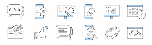 SMM落書きアイコン星付きのスピーチバブル、スマートフォンなどのボタン、メガホン付きのPC、画面上のターゲット付きのモバイル、グラフ付きのコンピューターディスプレイ、カレンダー、サムズアップ、線画ベクトル記号セット