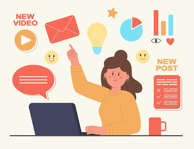 Esperto di smm che lavora online su strategia aziendale, analisi dei contenuti. donna impegnata al lavoro con illustrazione vettoriale piatto portatile. successo, freelance efficace, social media marketing, concetto di rete