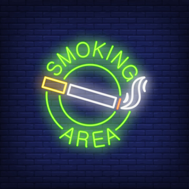 Free vector smoking area neon sign. cigarette with smoke in round. night bright advertisement