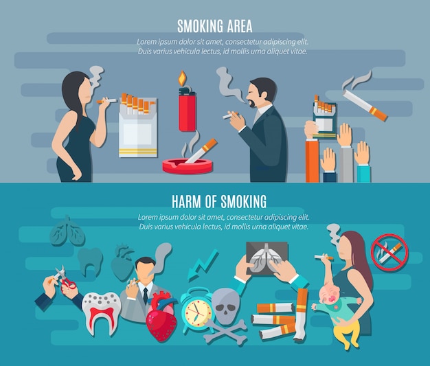 Smoking horizontal banner set with addiction hazard elements