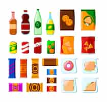 Бесплатное векторное изображение Набор закусок для векторных иллюстраций торговых автоматов. пластиковые пакеты с бутербродами, содовой, пачками чипсов, шоколадными батончиками, конфетами на белом фоне. нездоровая пища, напитки, концепция обеда