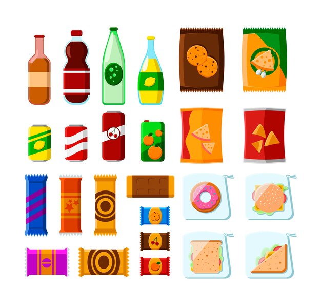 Snack products for vending machine vector illustrations set. Plastic packages with sandwiches, soda, packets of chips, chocolate bars, candies on white background. Junk food, beverage, lunch concept