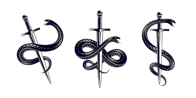 뱀과 단검, 뱀은 검 벡터 빈티지 문신을 감싸고, 삶은 싸움 개념, 비유적 로고 또는 고대 상징의 상징입니다.