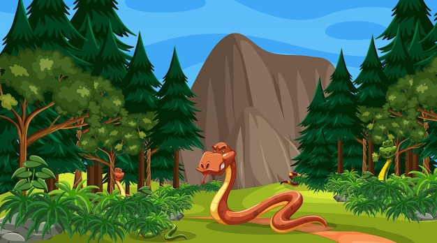 A snake cartoon character in forest scene with many trees