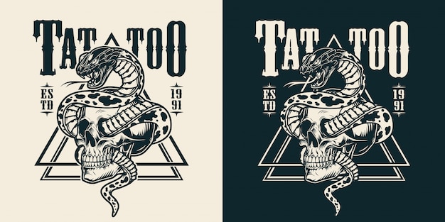 Snake entwined with skull tattoo emblem