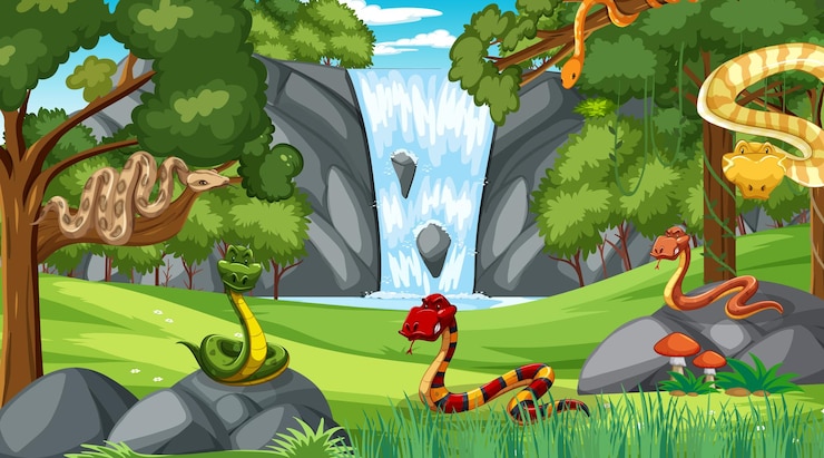 Free Vector snake group in forest at daytime scene with many trees