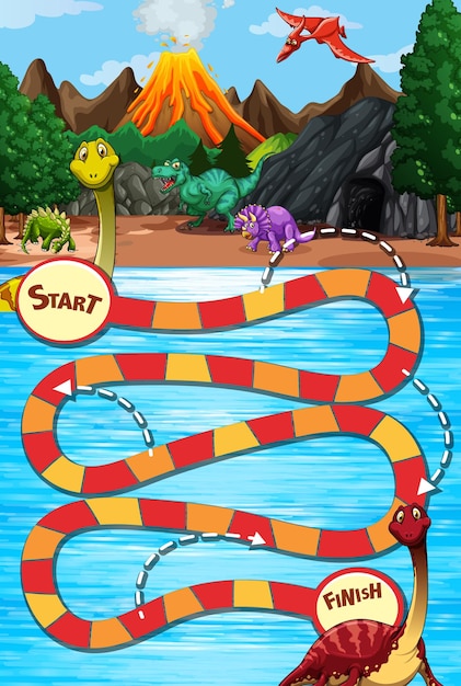 Free vector snake and ladders game template in dinosaur theme