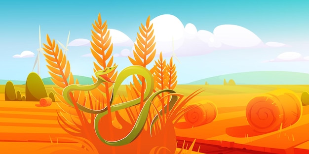 Бесплатное векторное изображение Змея trimeresurus salazar на осеннем поле. зеленая змея с желтыми глазами обвивает сухой куст на красивом солнечном дневном пейзаже. образ жизни диких рептилий, яд животных в природе, векторные иллюстрации шаржа