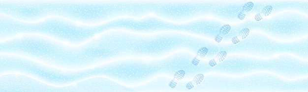 Снежный фон со следами, следы шагов ботинок на ясной синей и белой зимней поверхности, вид сверху следа ботинок. замороженная поверхность текстуры, дорога и снежные сугробы пейзаж, векторные иллюстрации шаржа