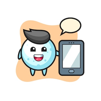Snow ball illustration cartoon holding a smartphone