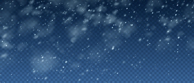 Snow Blizzard realistic overlay background. Snowflakes flying in the sky isolated on transparent background. Background for Christmas design. Vector illustration EPS10