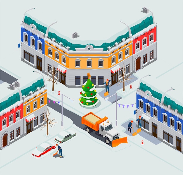 Snow cleaning removal machinery isometric composition with view of town crossroad with houses cars and truck illustration