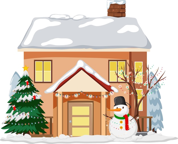 Vettore gratuito casa innevata con un pupazzo di neve e alberi di natale decorati