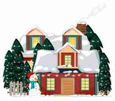 Free vector snow covered house with a snowman and trees