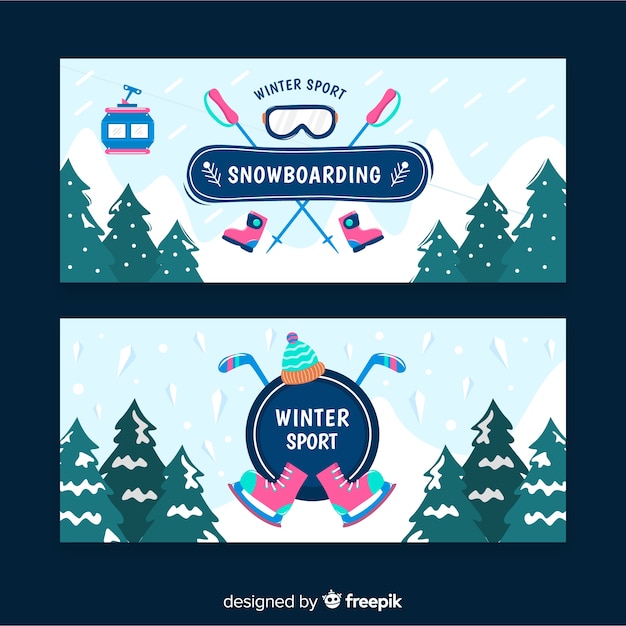 Free vector snow-covered pines winter sport banner