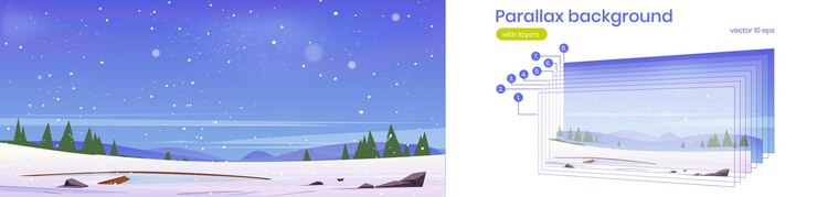 Free Vector snow field with frozen pond conifers and hills on horizon vector parallax background for 2d animation with cartoon illustration of winter landscape with ice on lake and snowfall
