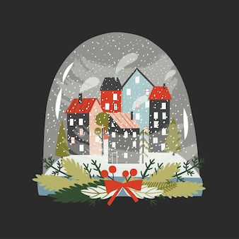 フラット​スタイル​の​スノードーム​。​雪​と​クリスマス​の​シンボル​と​スノードーム​。​はがき​、​生地​、​パッケージ​の​デザイン​の​ベクトル​イラスト​。