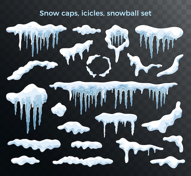Snow ice caps icicles snowballs size shape varieties realistic white blue set dark transparent background vector illustration