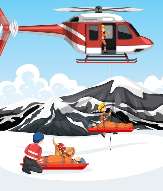 Snow scene with firerman rescue in cartoon style