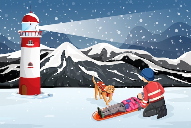 Snow scene with firerman rescue in cartoon style