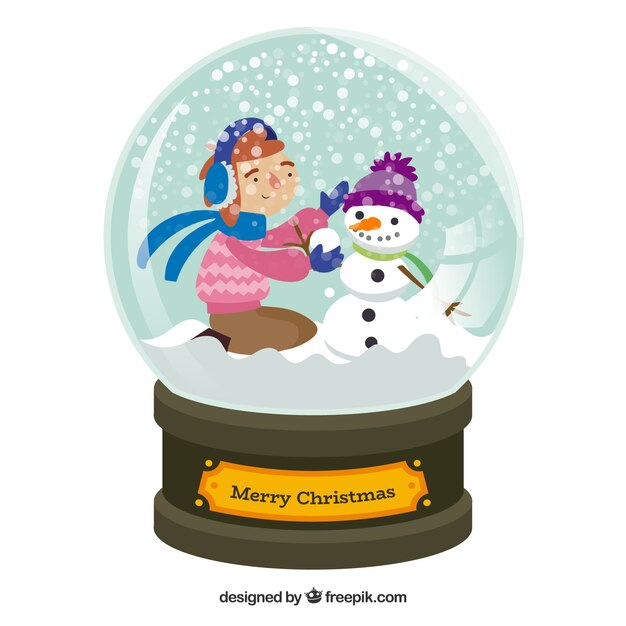 Снежный фон с ребенком и снеговиком