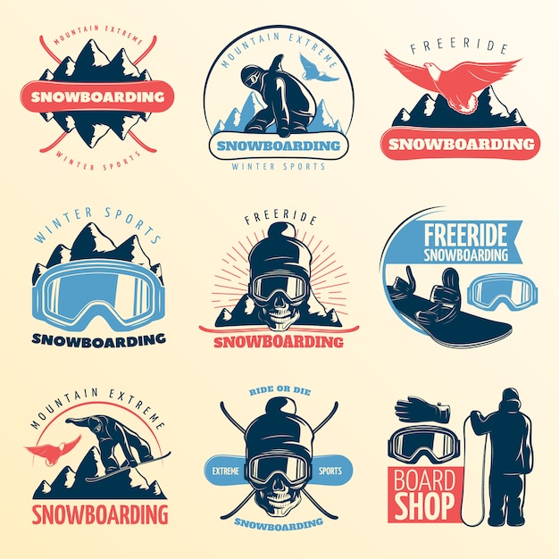 snowboarding emblem set in color with mountain extreme winter sports freeride and board shop descriptions vector illustration
