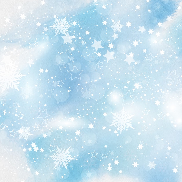 Snowflakes and stars on watercolour background 