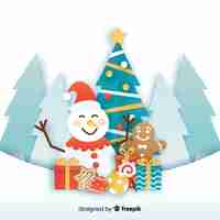 Бесплатное векторное изображение Снеговик и подарки в сезонном бумажном стиле
